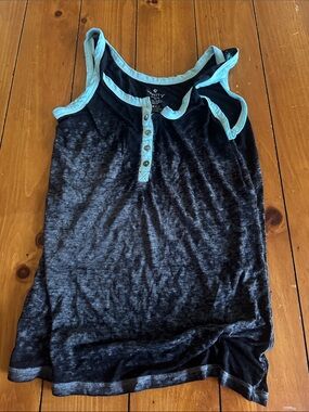 Vanity Black Tank Top with Light Blue Trim and Button Front